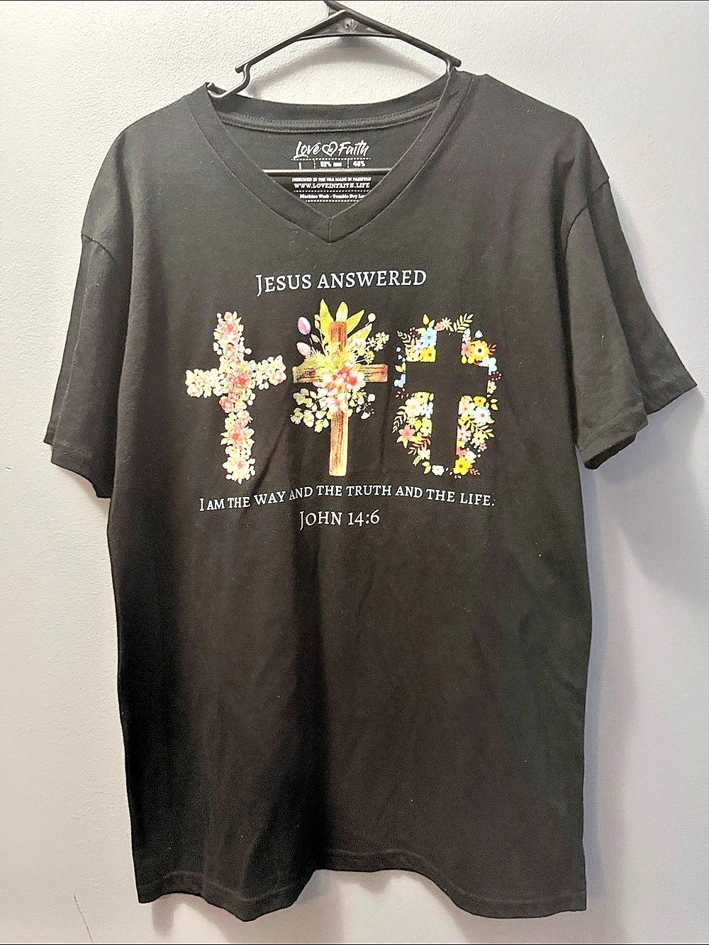 Love in Faith Jesus Answered John 14:6 Floral Cross T-Shirt Tee Black Large